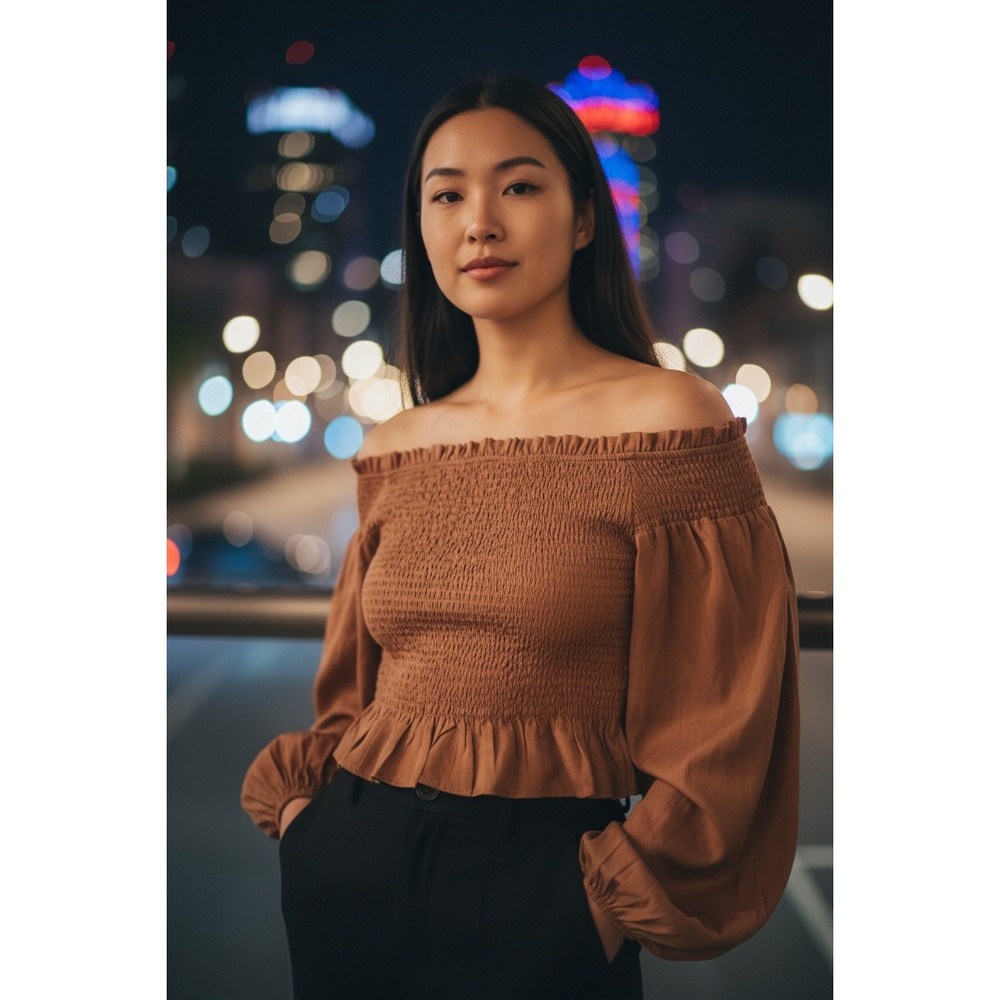 Crescent Rust Brown Smocked Off Shoulder Crop Top Long Sleeve Ruffle  L NWT's